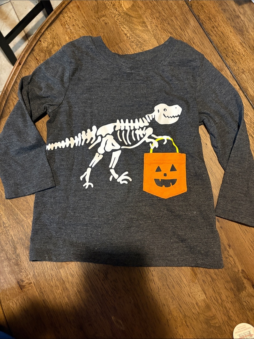 Cat & Jack Gray Long-Sleeve Tee with White Dinosaur Skeleton and Orange Pocket